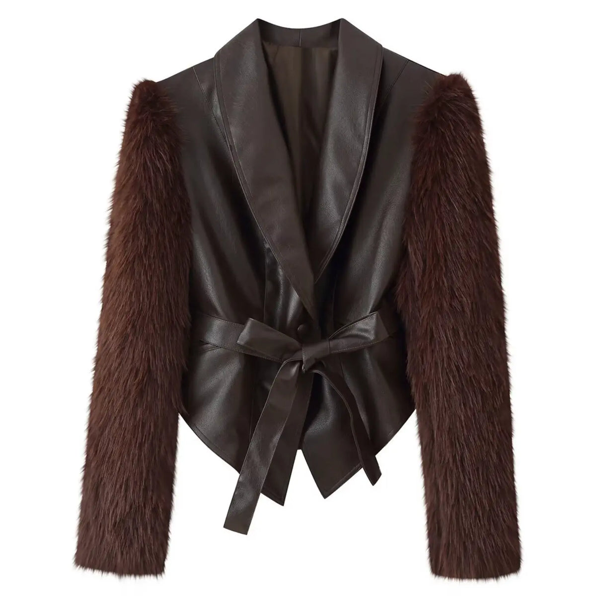 Front flat lay of chocolate faux fur sleeve shawl collar belted cropped jacket