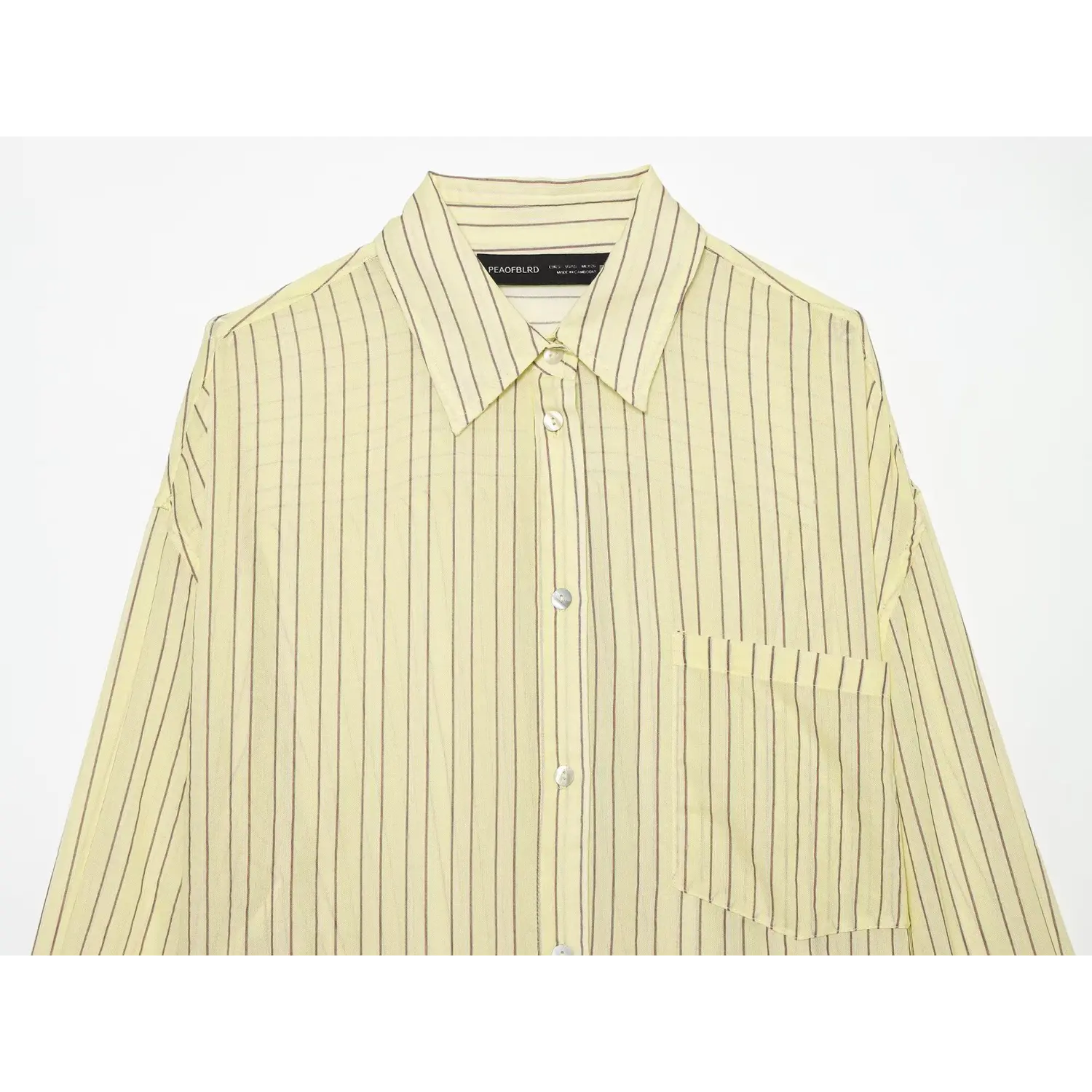 Flat closeup front collar placket, natural shell buttons, vertical stripe pattern