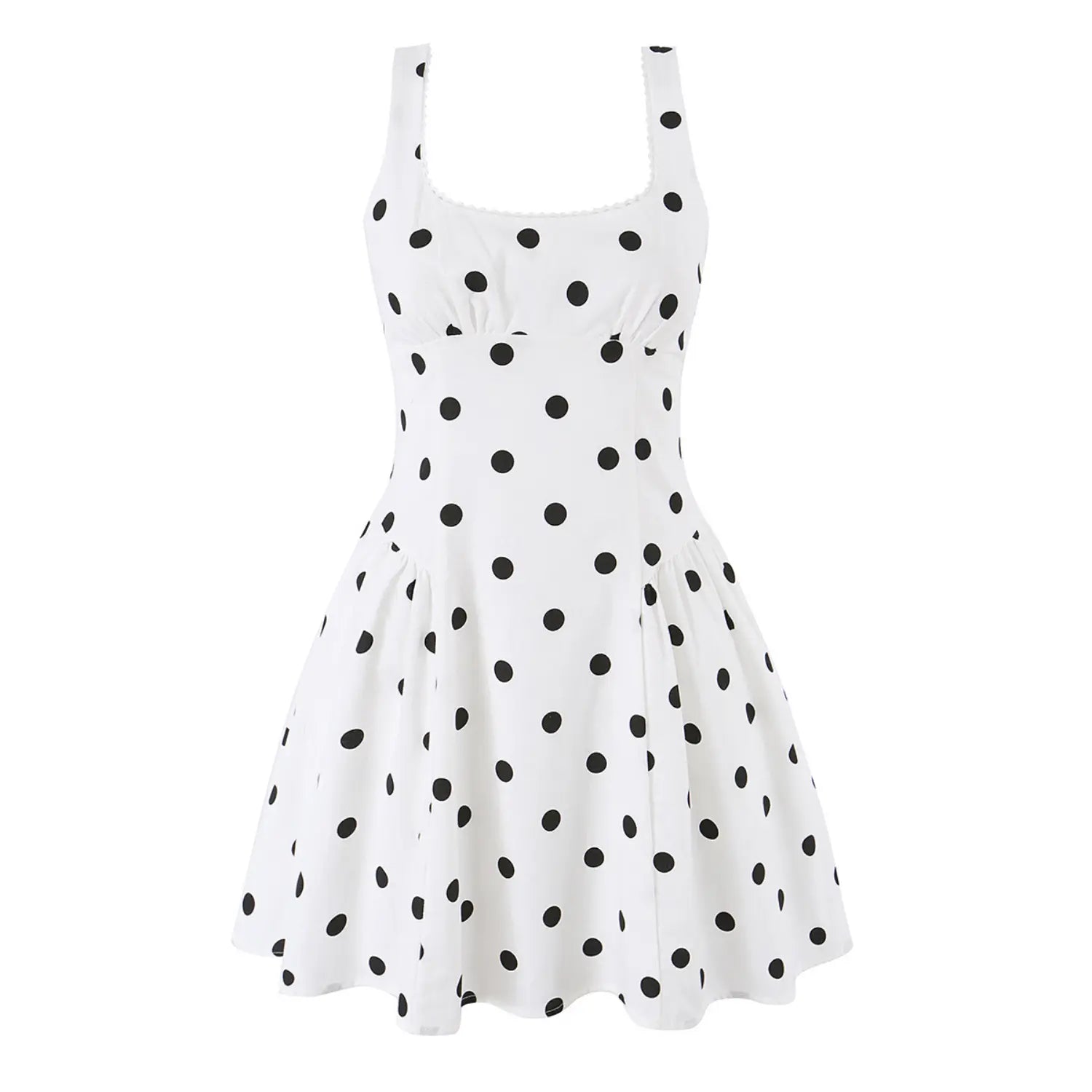 Classic white black big polka dot square neck cami mini dress straight front flat lay, lace edged neck gathered bust flared mini skirt white background photo