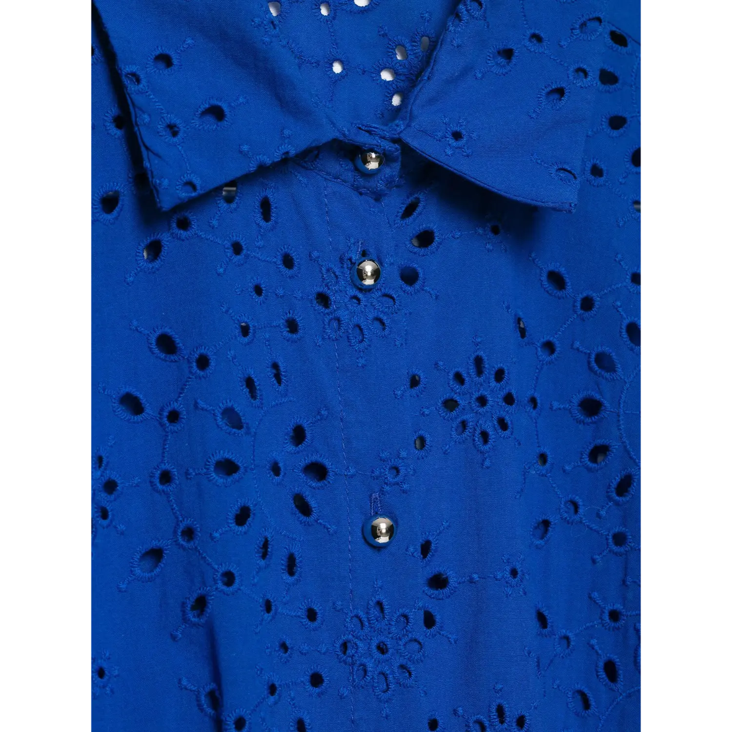 Collar and metal snap button close-up for cobalt blue eyelet sleeveless top