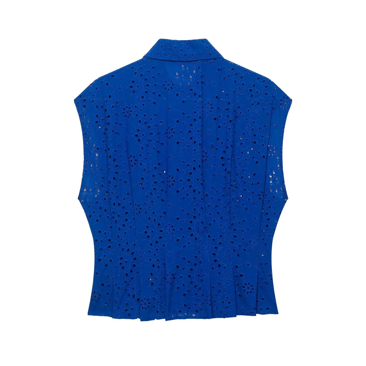 Full back flat lay view of cobalt blue cutwork sleeveless blouse
