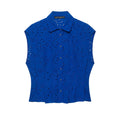  Full front flat lay view of cobalt blue floral eyelet sleeveless collared shirt