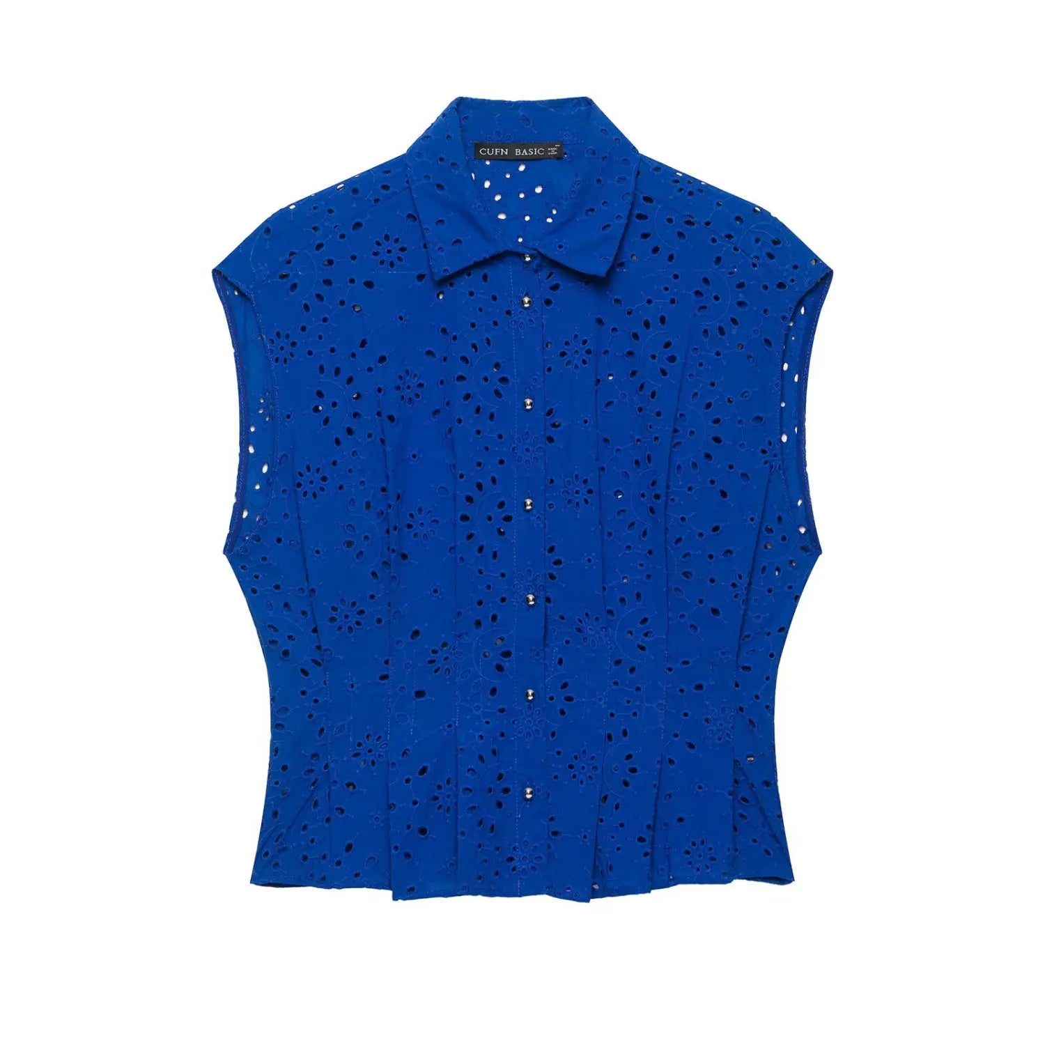  Full front flat lay view of cobalt blue floral eyelet sleeveless collared shirt