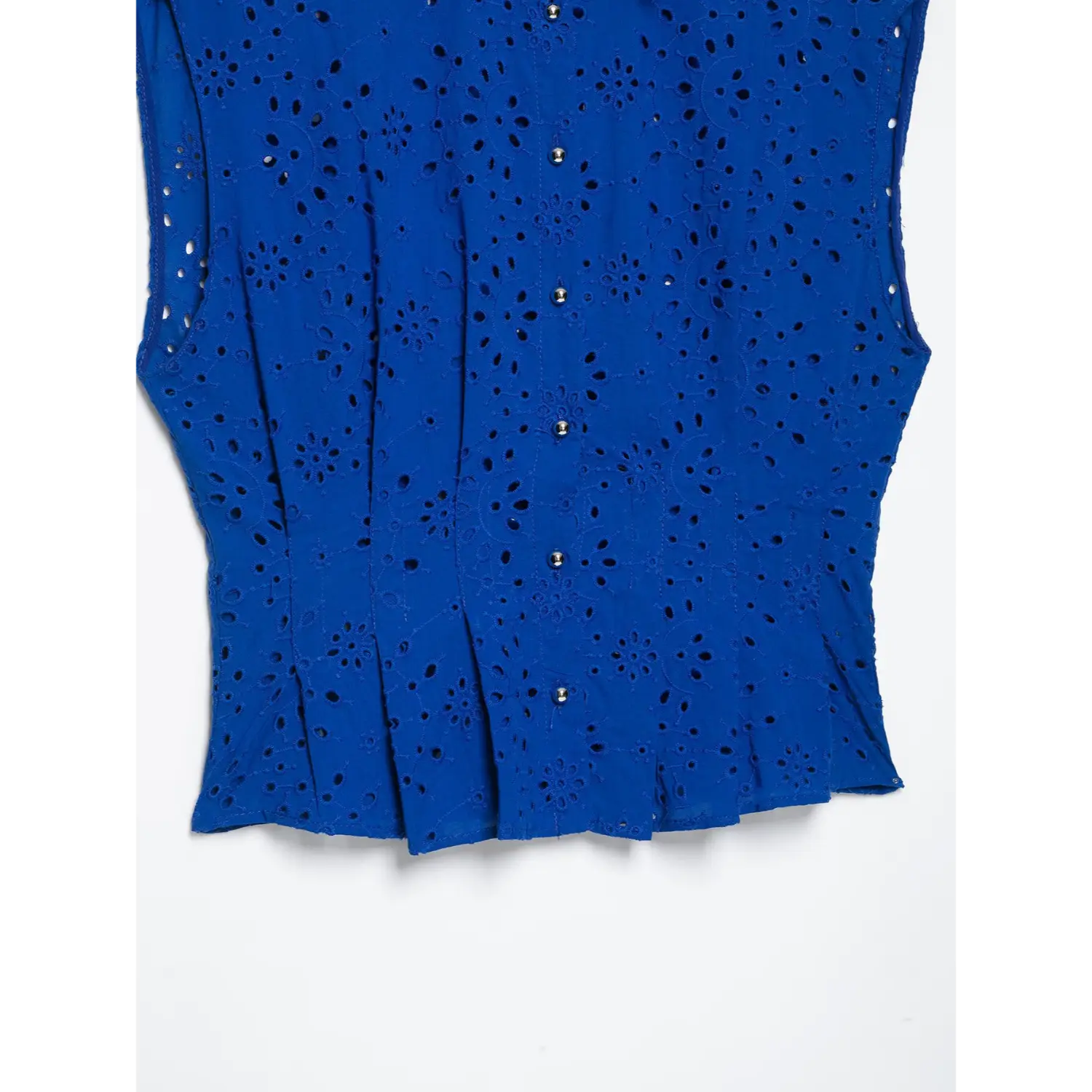 Waist and front button detail of cobalt blue floral cutwork sleeveless shirt