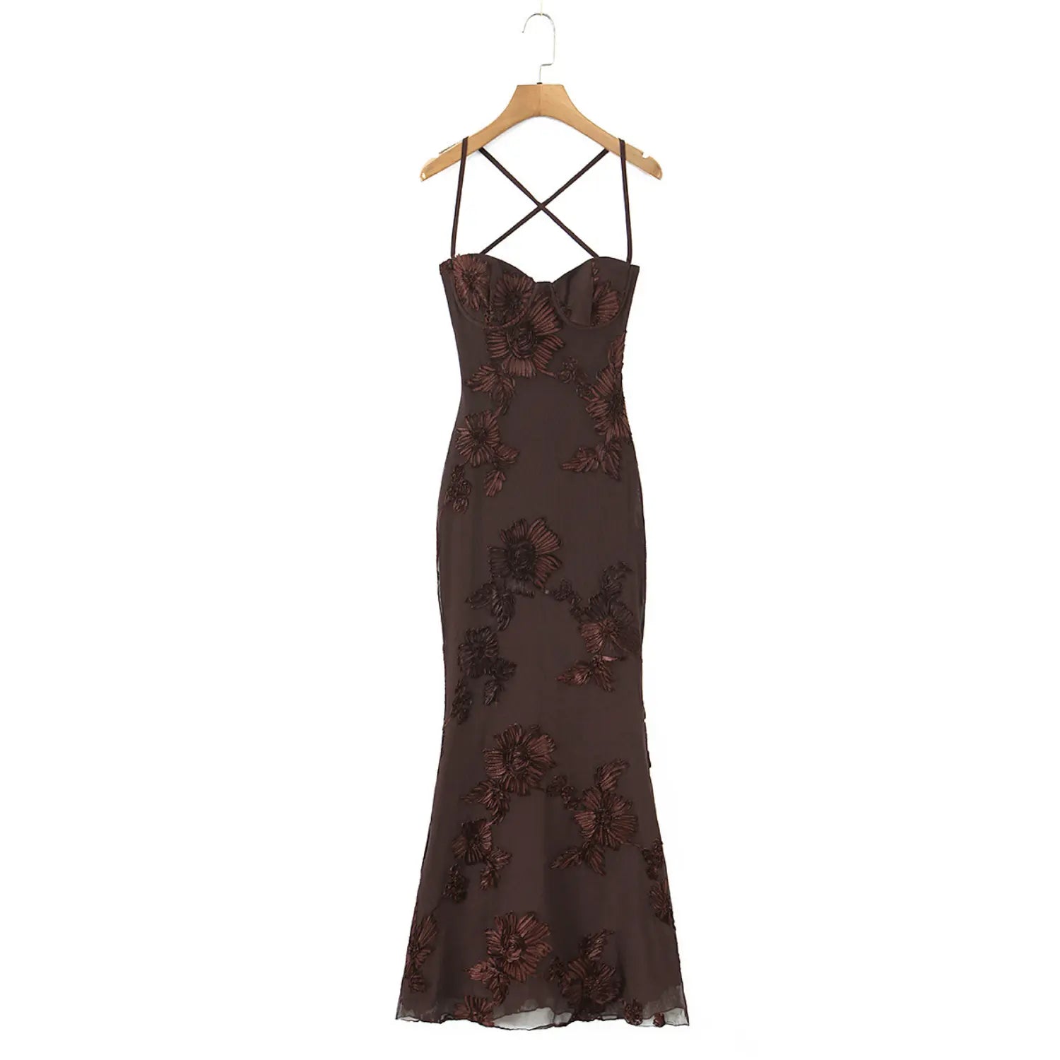 Coffee 3D floral mermaid dress wooden hanger front display shot, thin cross spaghetti straps heart bra cups fitted flared skirt full fit overview