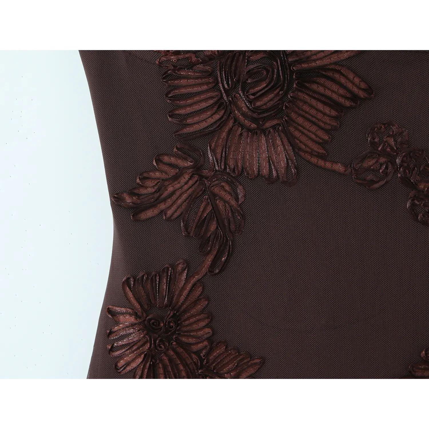 Coffee 3D floral mesh mermaid dress waist applique macro close-up, satin ribbon handmade 3D flower patch sheer mesh base raised embroid waist craft shot