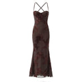 Coffee brown 3D flower mesh mermaid maxi dress white background flat lay, matching tone 3D floral all-over embroidery fitted flared skirt vintage party gown single color shot