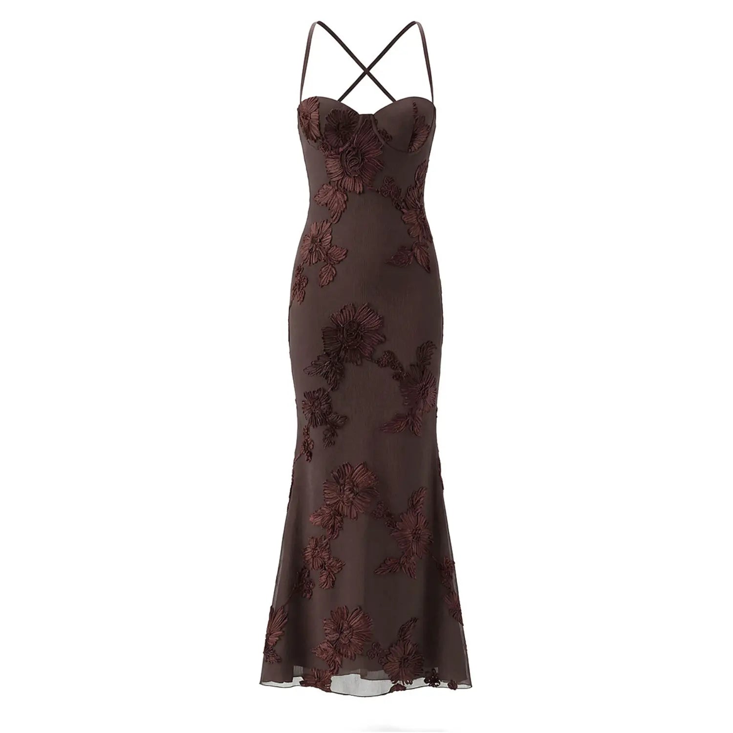 Coffee brown 3D flower mesh mermaid maxi dress white background flat lay, matching tone 3D floral all-over embroidery fitted flared skirt vintage party gown single color shot