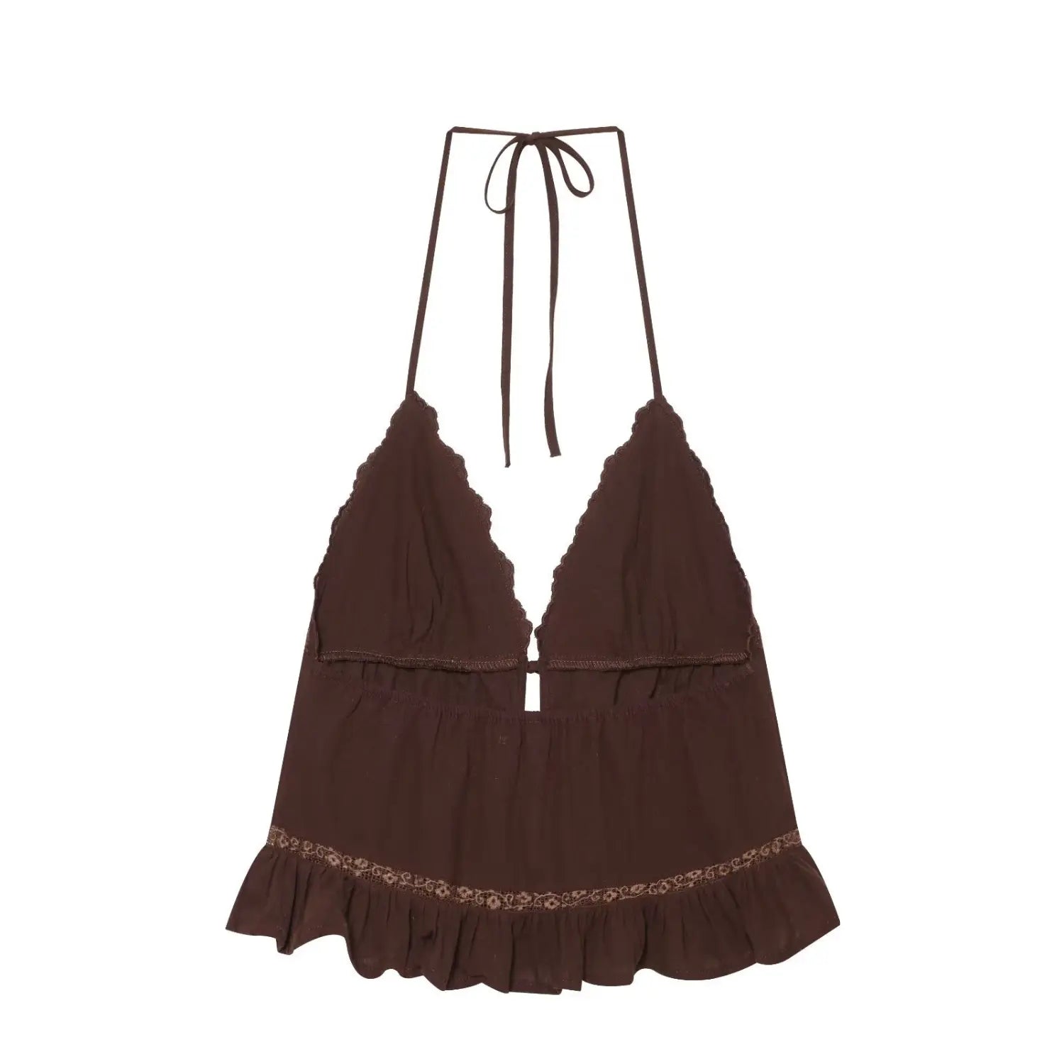 Complete back flat view, hollow back design, long halter fabric tie straps, waist lace panel, flared ruffle bottom