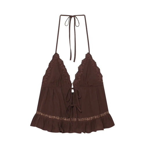 Full front flat lay main shot, coffee brown halter cami top, floral lace trim deep V, front double self ties, ruffle hem, back halter neck tie