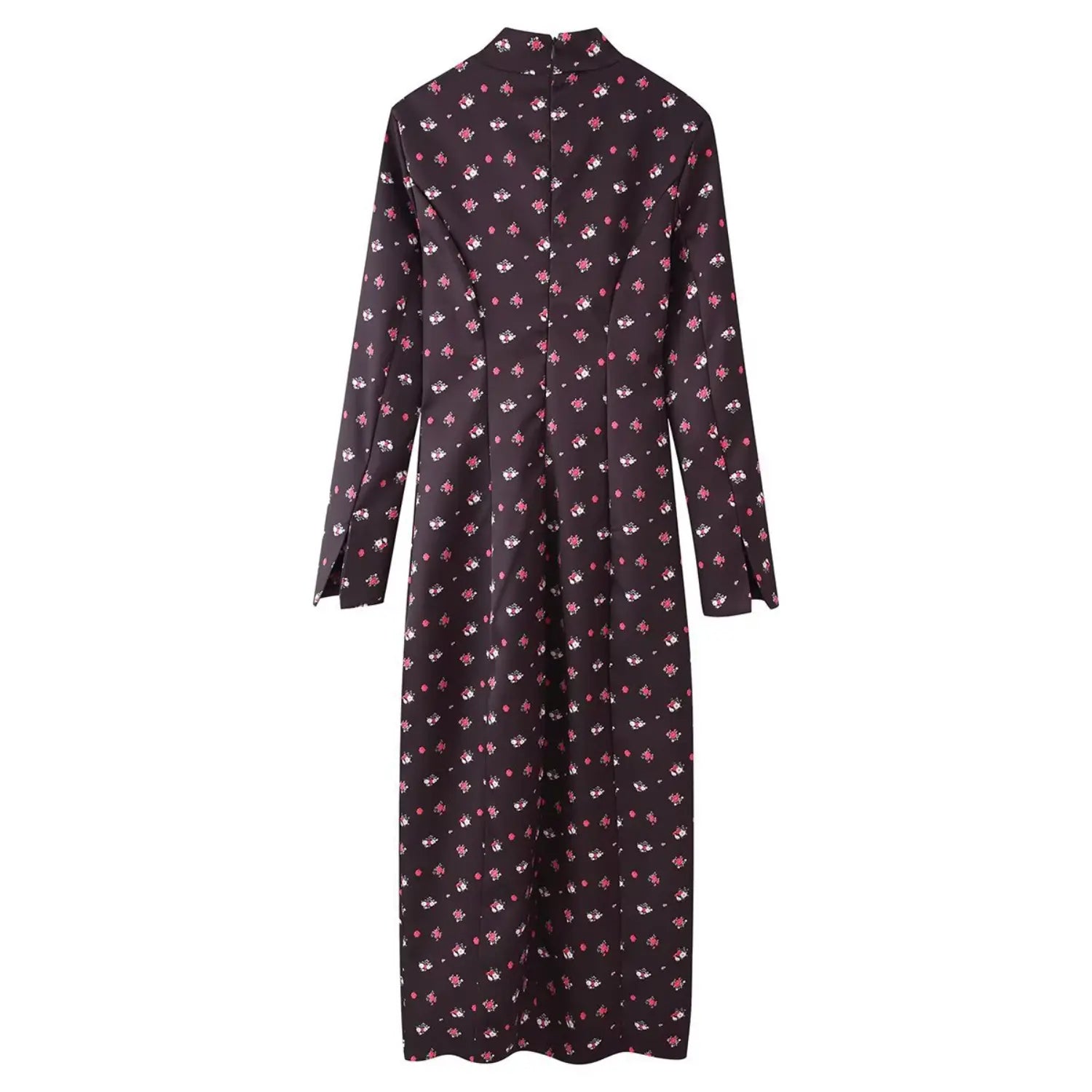 Back full view coffee ditsy rose floral maxi dress with stand collar and back zipper