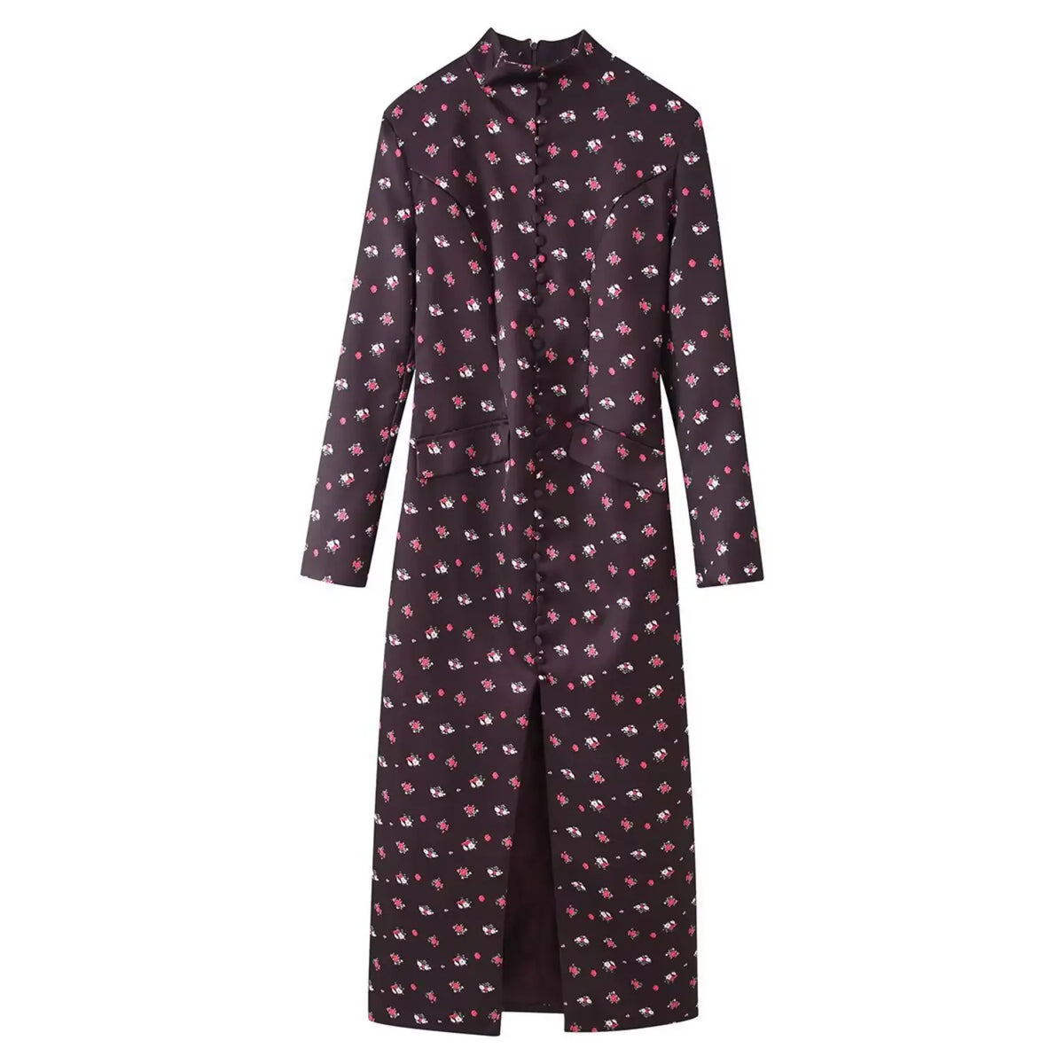 Front full view coffee ditsy rose floral maxi dress, stand collar, faux button placket, front slit, long sleeve