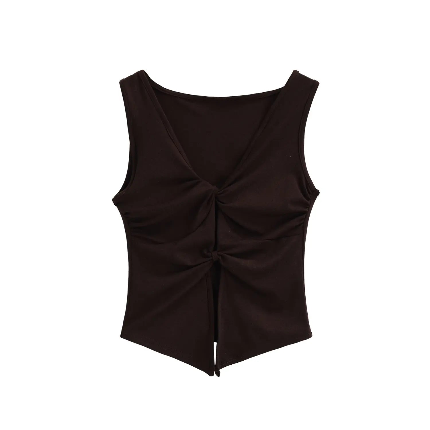 Coffee double knot cutout sleeveless tank full front plain white shot, deep v double twist waist cincher cropped pointed hem vintage solid knit camisole product shot