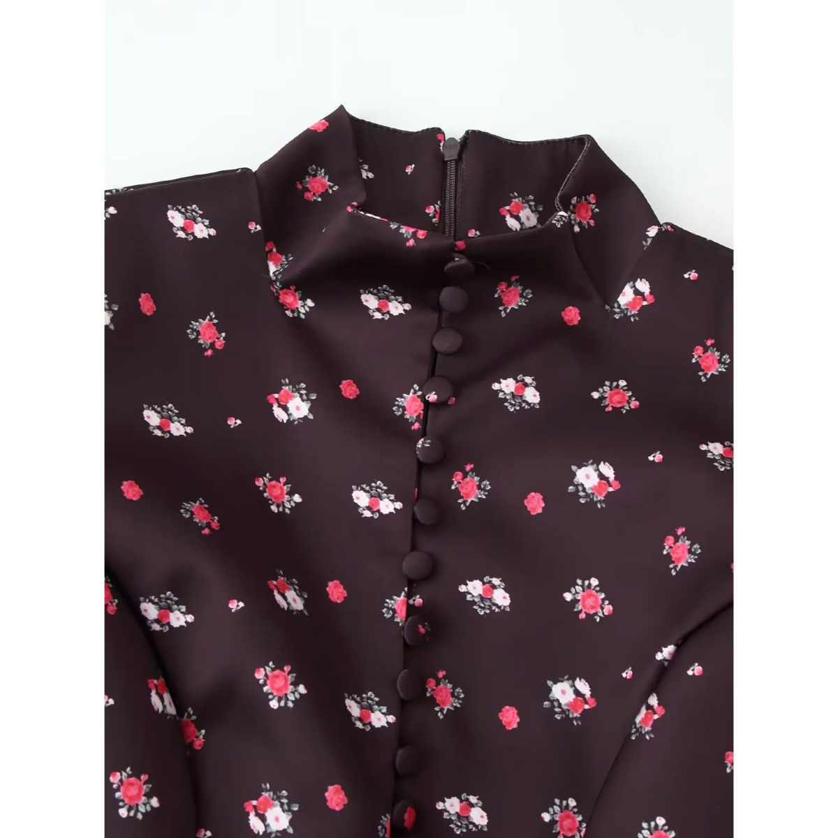 Close‑up stand collar, faux button placket and back zipper on coffee ditsy rose floral maxi dress