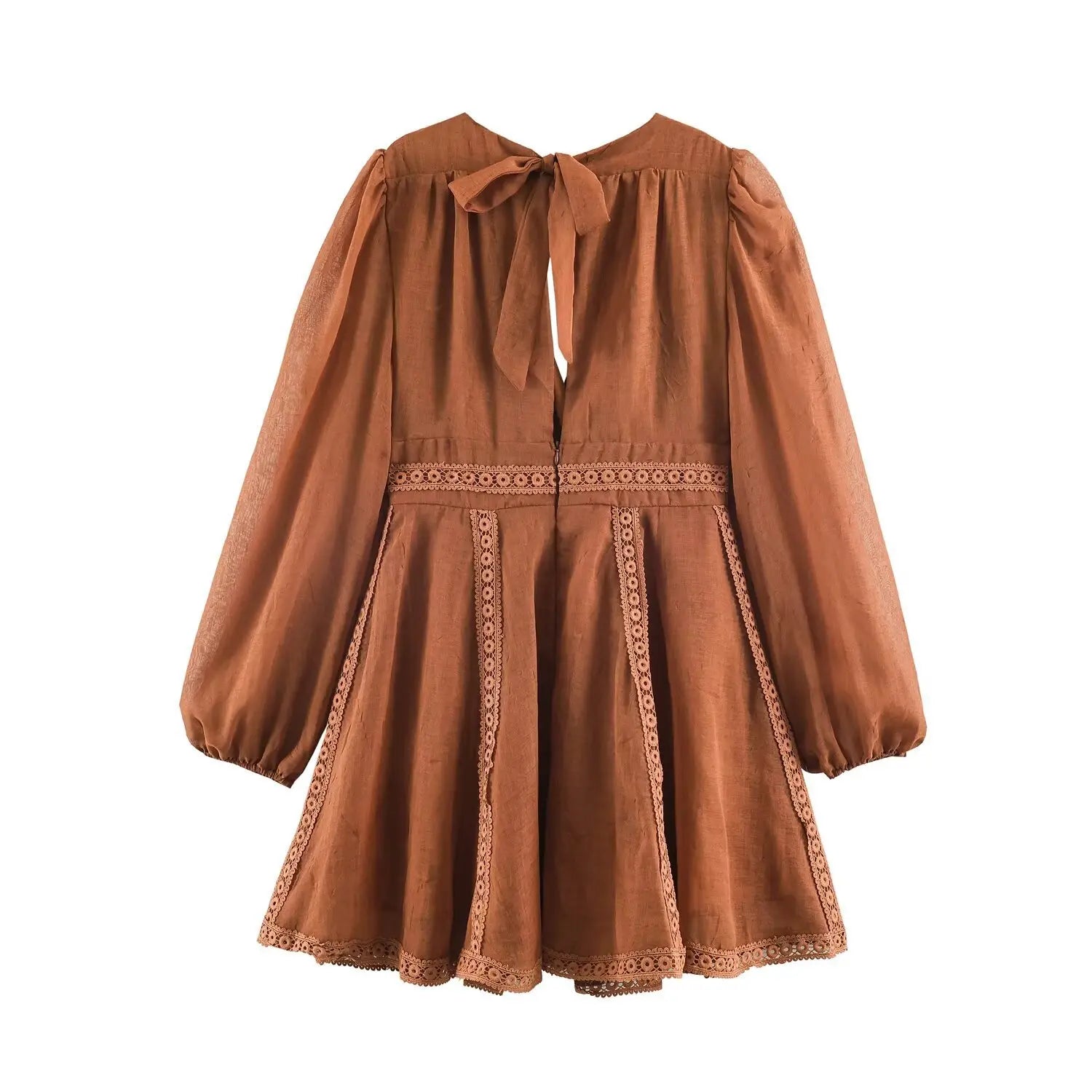 Complete dress back flat lay shot, back hollow keyhole cutout with fabric tie bow, invisible side zipper, full matching lace decoration