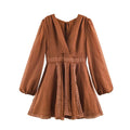 Whole dress front flat lay main view, coffee brown textured woven fabric, deep V neck, puff long elastic cuff sleeve, hollow circular lace trim on waist & skirt, A-line mini skirt