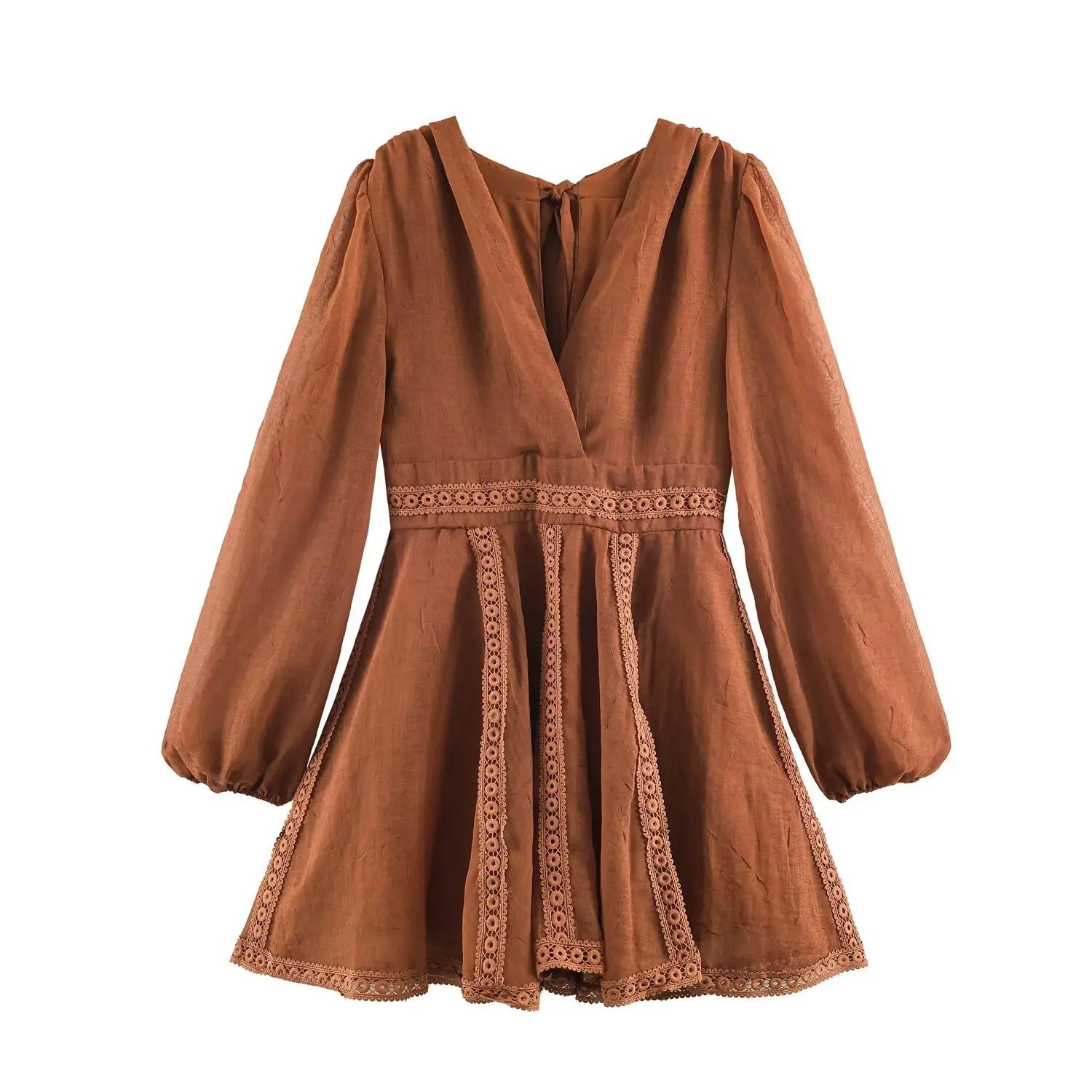 Whole dress front flat lay main view, coffee brown textured woven fabric, deep V neck, puff long elastic cuff sleeve, hollow circular lace trim on waist & skirt, A-line mini skirt