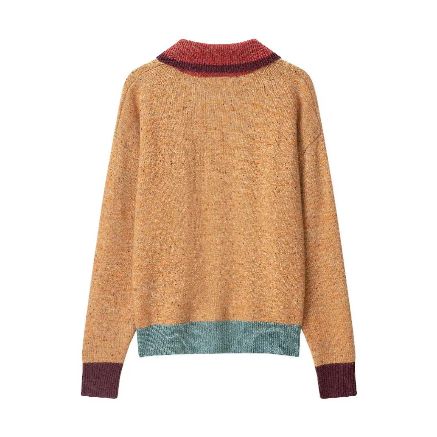Cognac color block polo collar knit sweater flat lay, back view