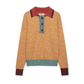 Cognac color block polo collar knit sweater flat lay, front view