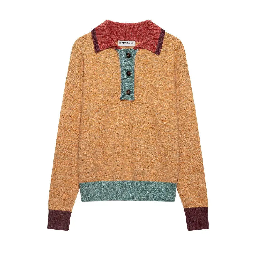 Cognac color block polo collar knit sweater flat lay, front view