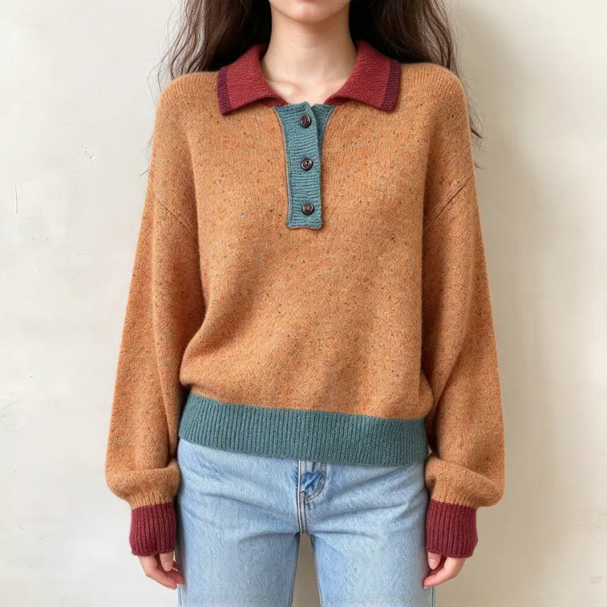 Model wearing cognac color block polo collar knit sweater with jeans, front view