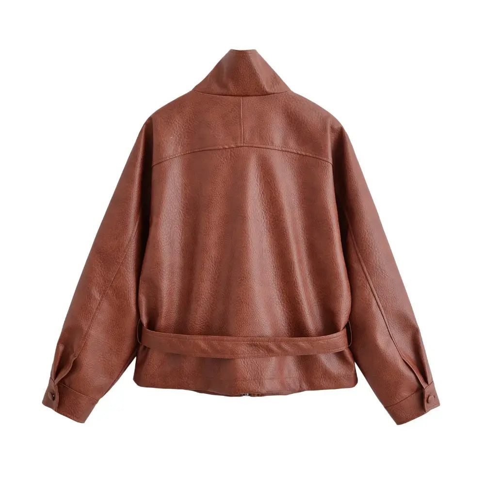 Cognac faux leather bow belt zip jacket, back flat lay