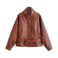 Cognac faux leather bow belt zip jacket, front flat lay