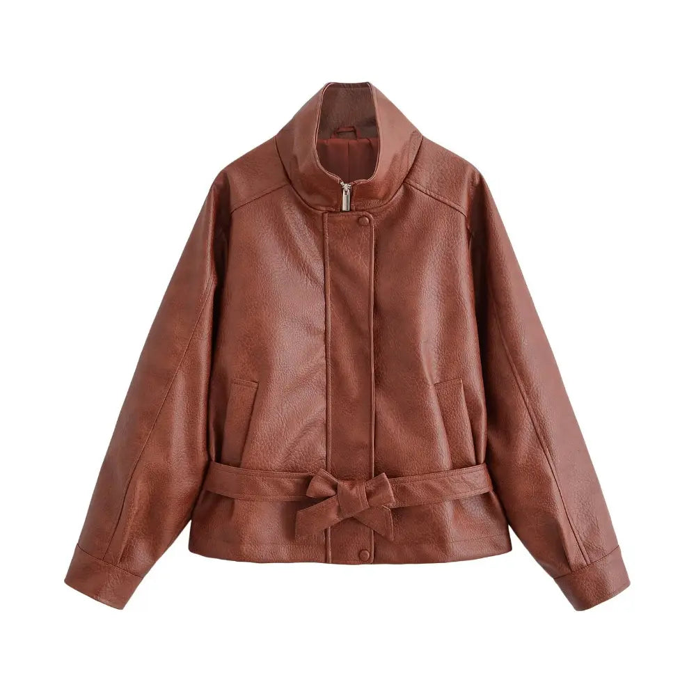 Cognac faux leather bow belt zip jacket, front flat lay