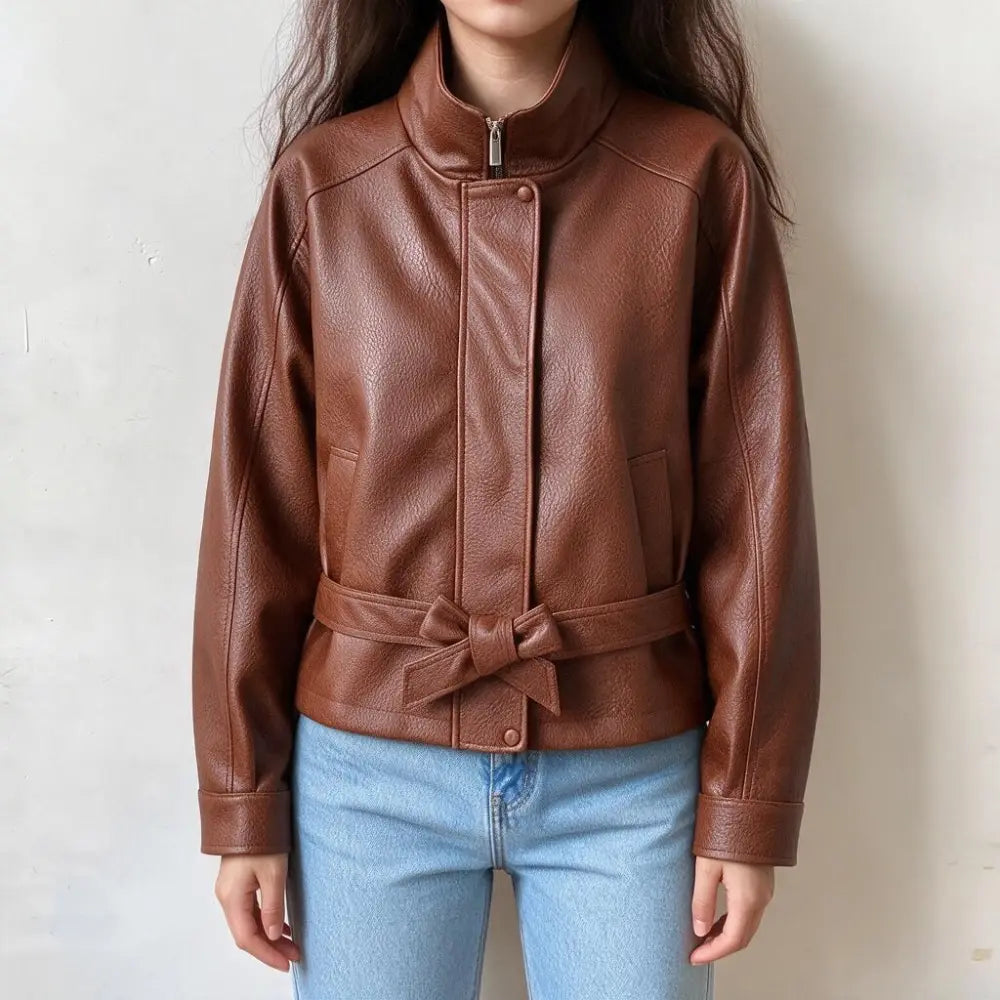 Model wearing cognac faux leather bow belt zip jacket, front view