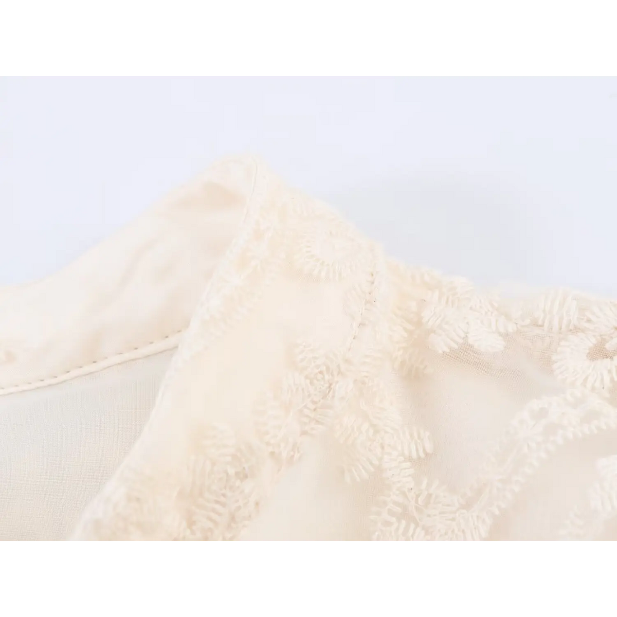 Close-up of beige collar edge, soft lining fabric and floral embroidered lace texture