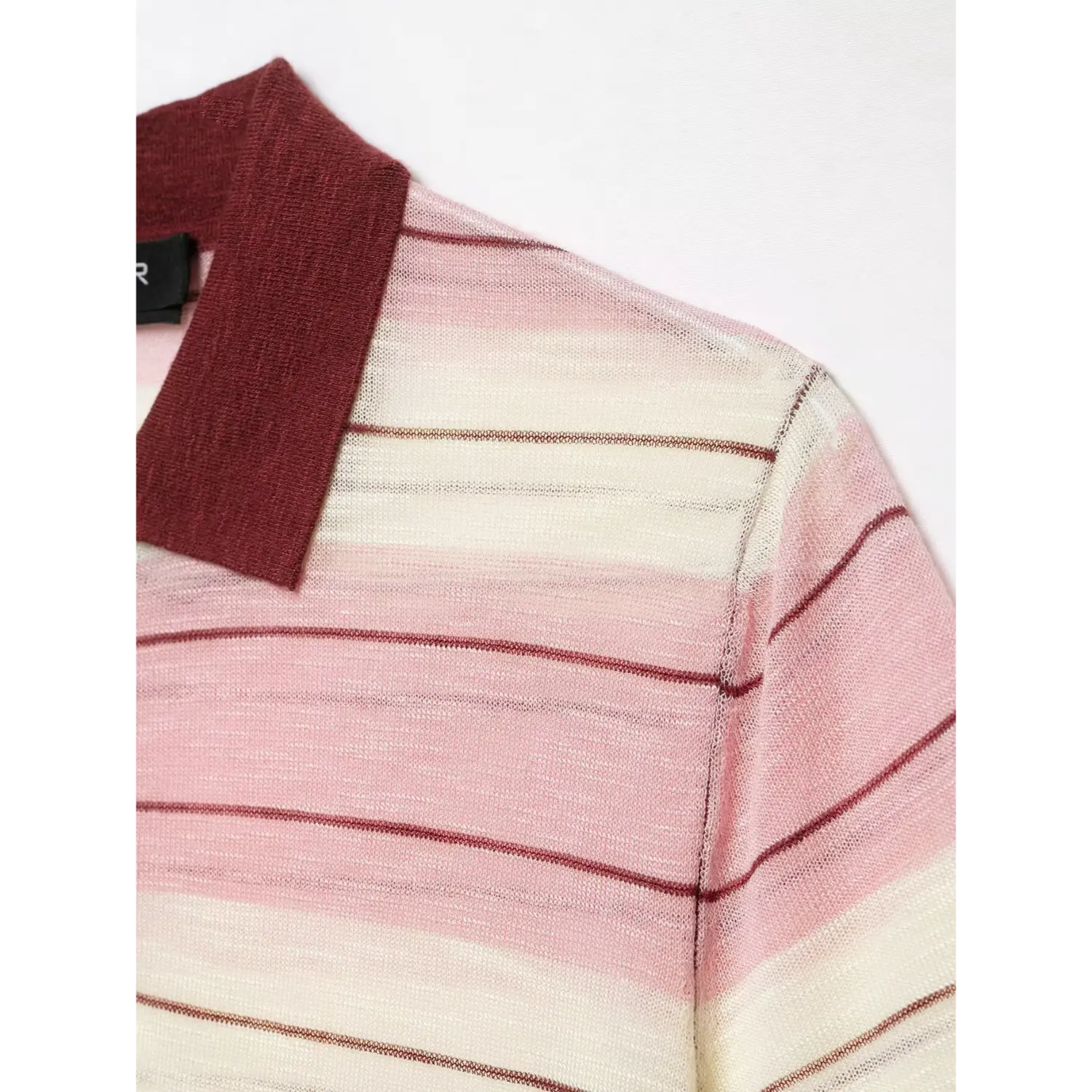 Collar and sleeve close-up, fine semi-sheer knit, horizontal stripe arrangement, lightweight summer knit weave