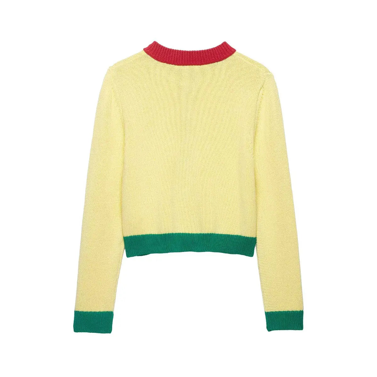 Full back view of the color-block cropped knit cardigan, showing the solid yellow body with red neckline and green hem trim