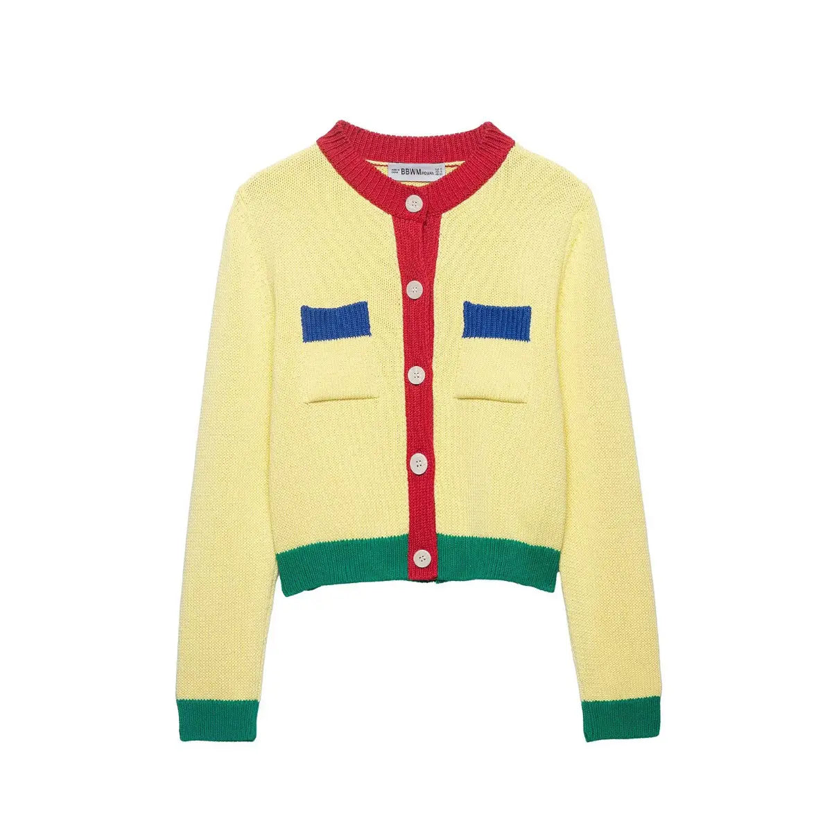 Full view of the color-block cropped knit cardigan, with a yellow body, red neckline/placket, blue pocket tops, and green hem/cuffs