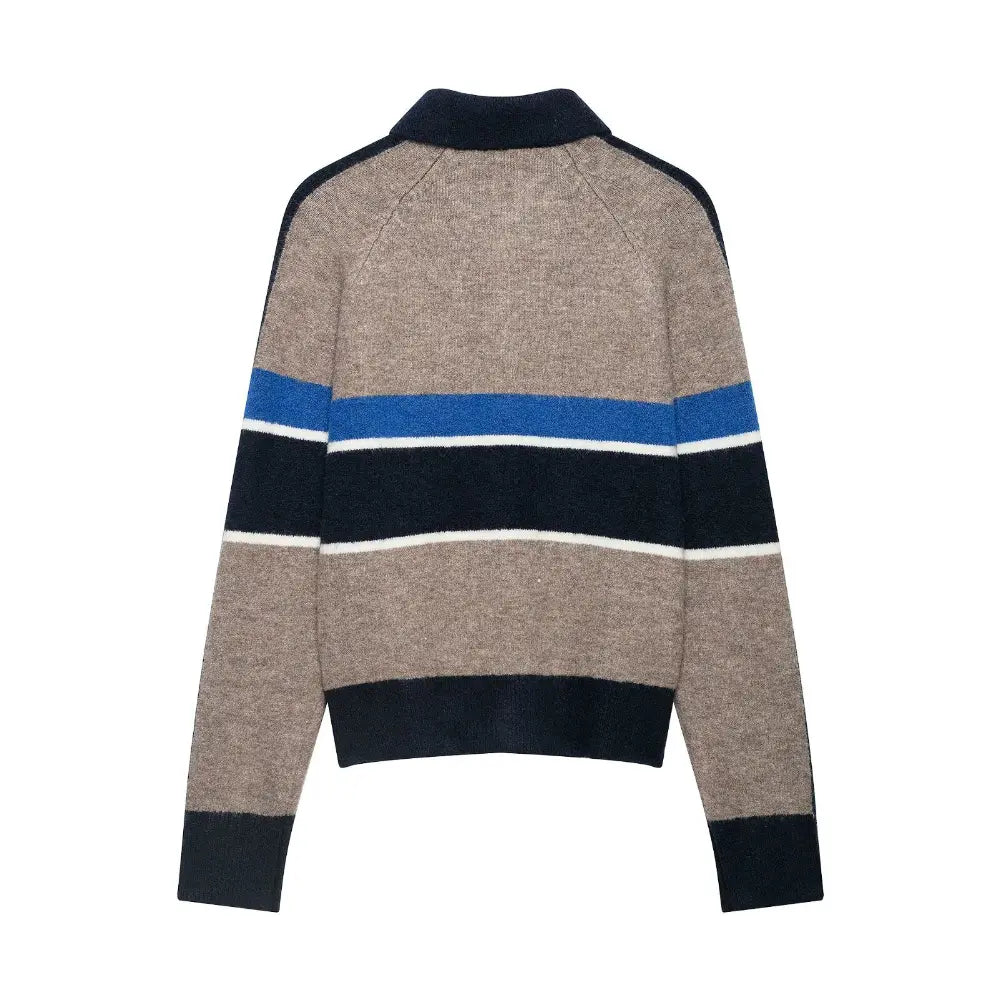 Color block striped polo collar cardigan, back flat lay