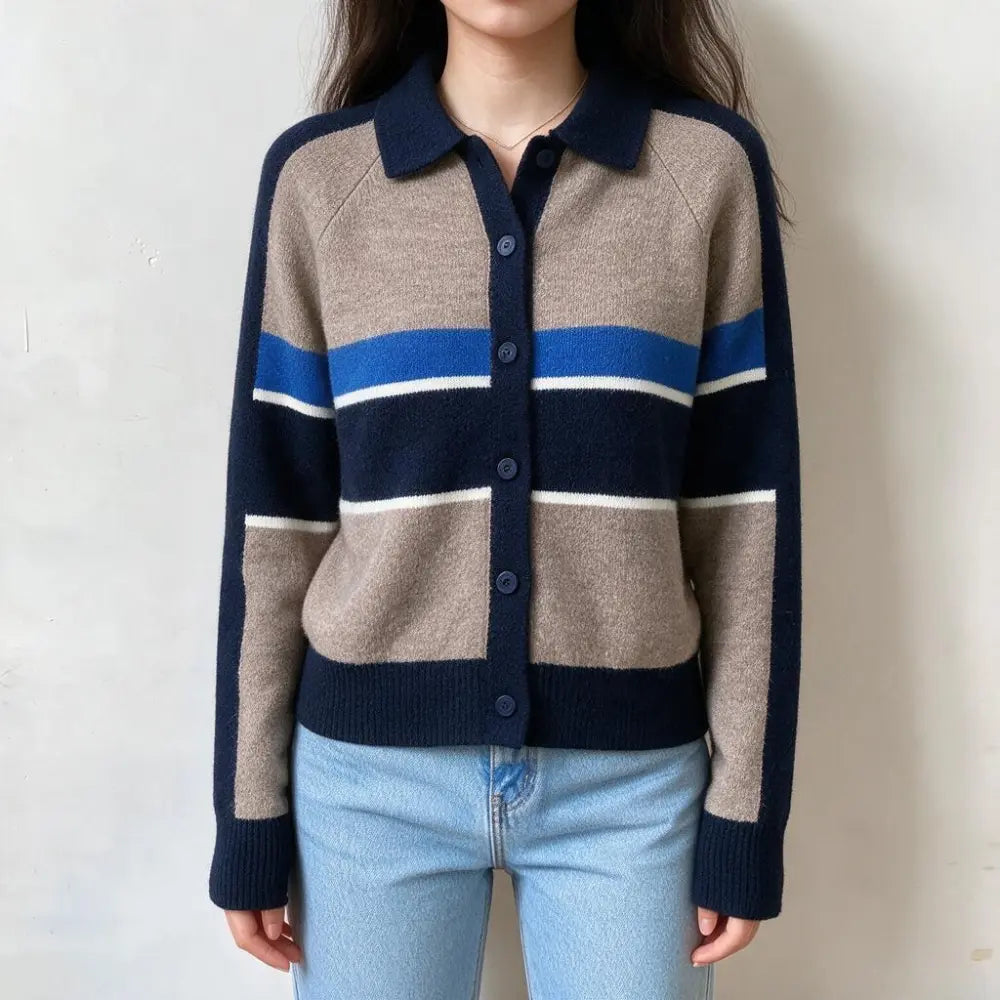 Model wearing color block striped polo collar cardigan, front view