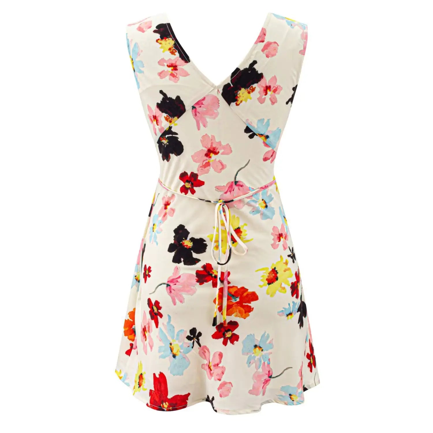 Oil painting floral mini dress full back flat lay, back V cut waist matching print tie complete waist-cinched swing silhouette display
