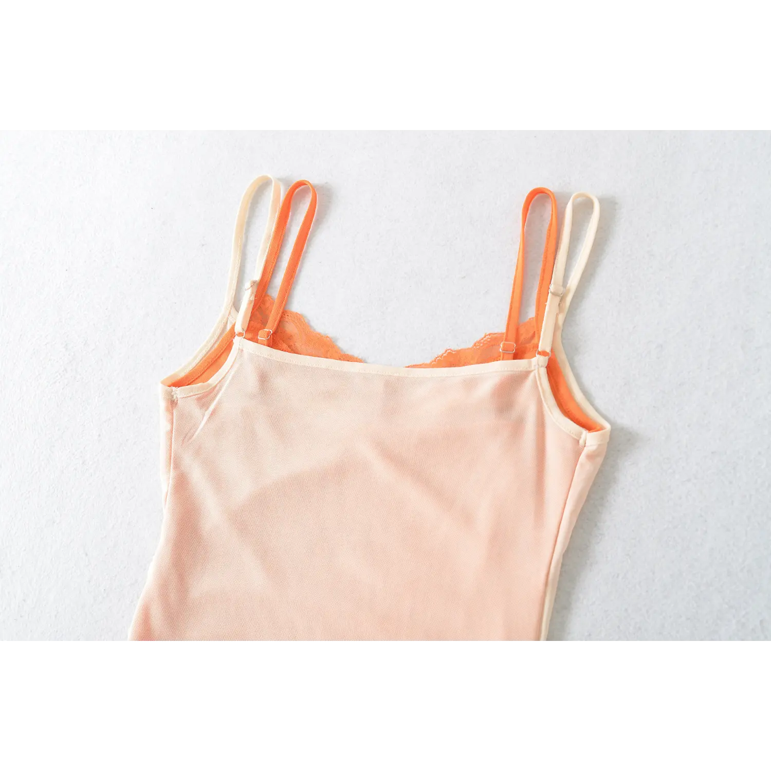 Color block double mesh cami full back hanger plain white flat lay, dual adjustable contrast straps one-piece smooth back plain minimalist back shot