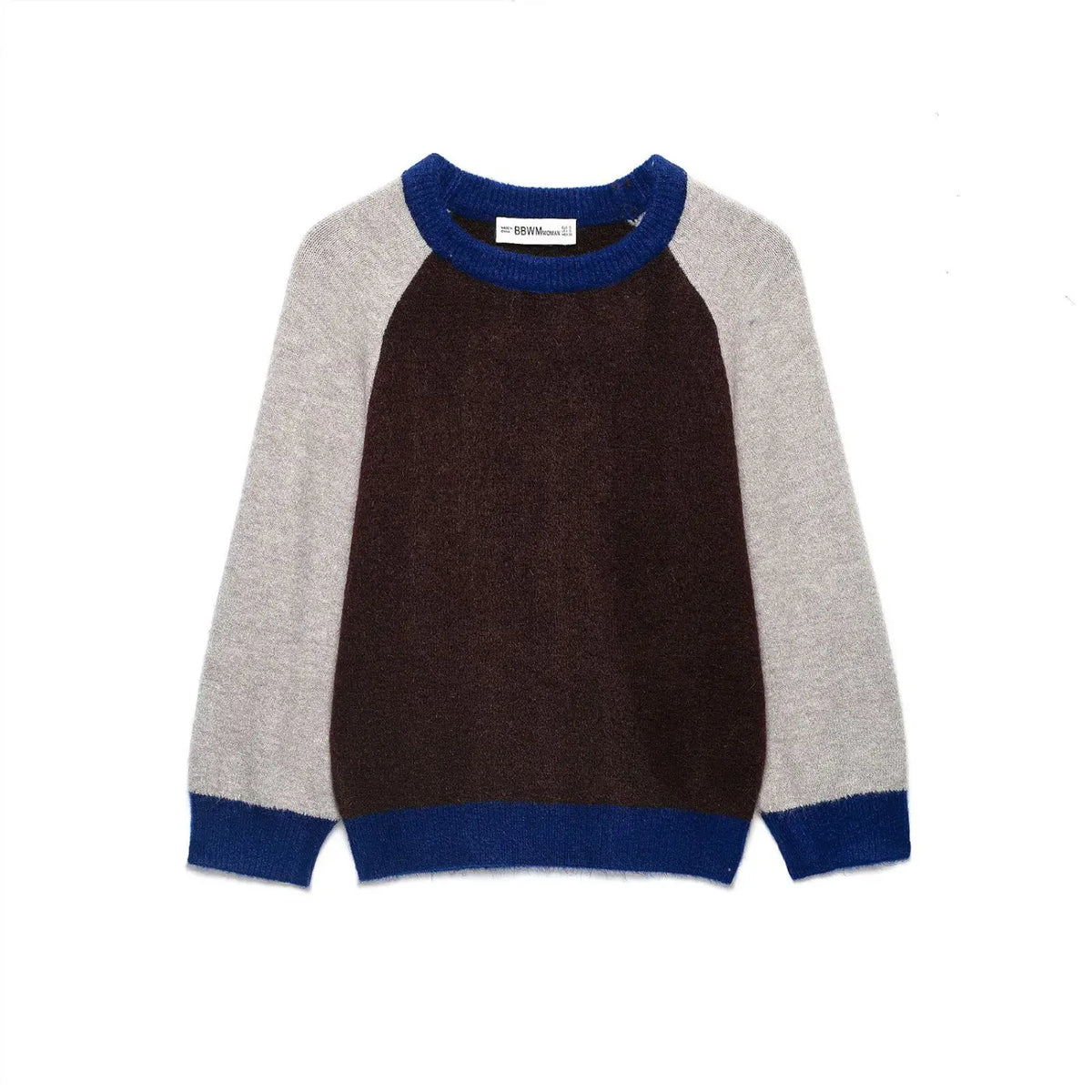 Front flat lay of colorblock raglan sleeve crew neck sweater