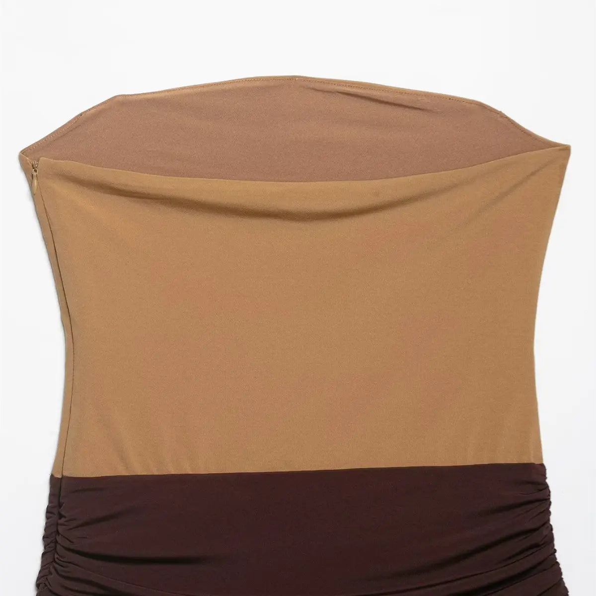 Back view of the colorblock tube dress, showing the strapless design, smooth tan bodice, and ruched dark brown waistband