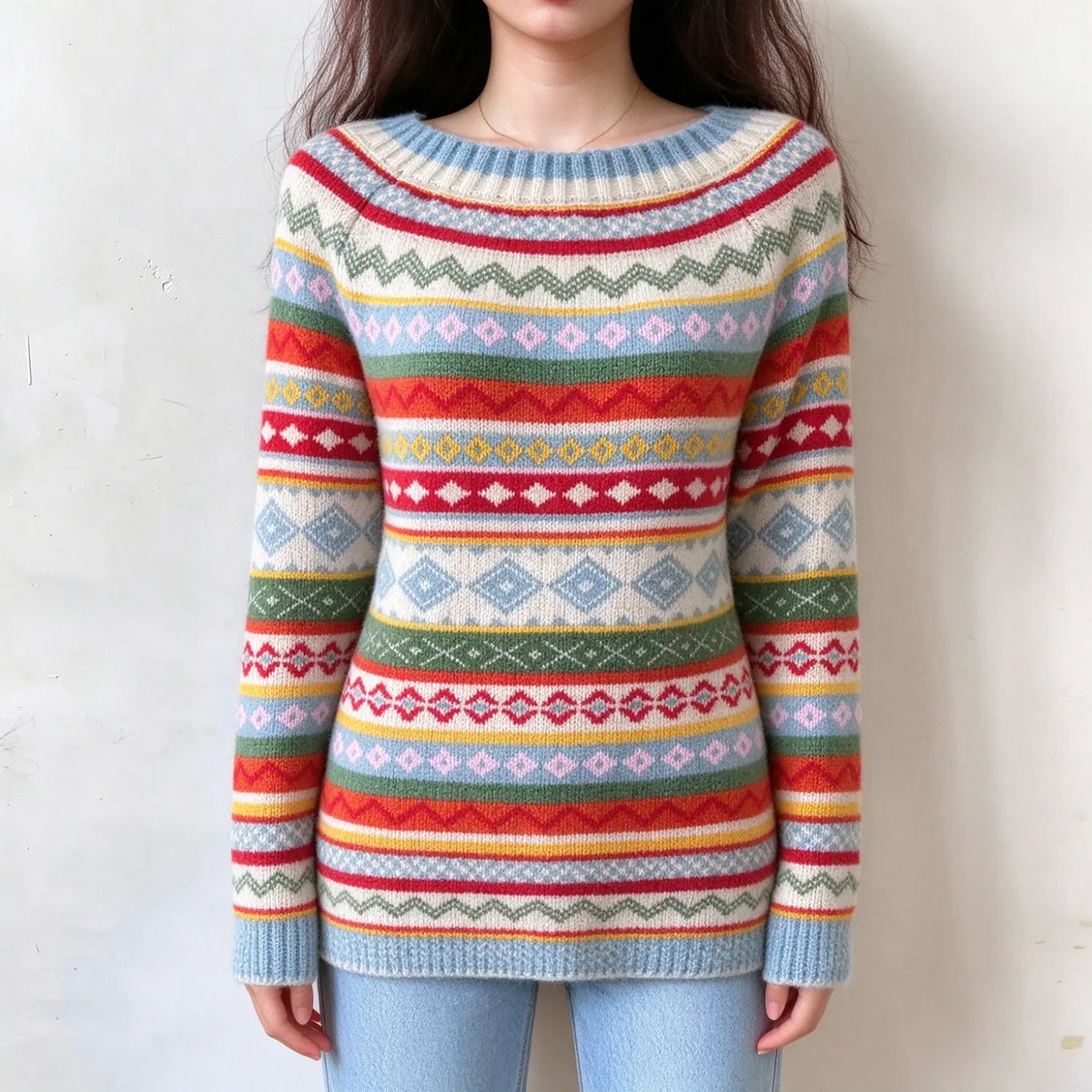 Model front view wearing colorful fair isle knit sweater, boat neck, long sleeves, multi-colored diamond and zigzag jacquard pattern, plain white background