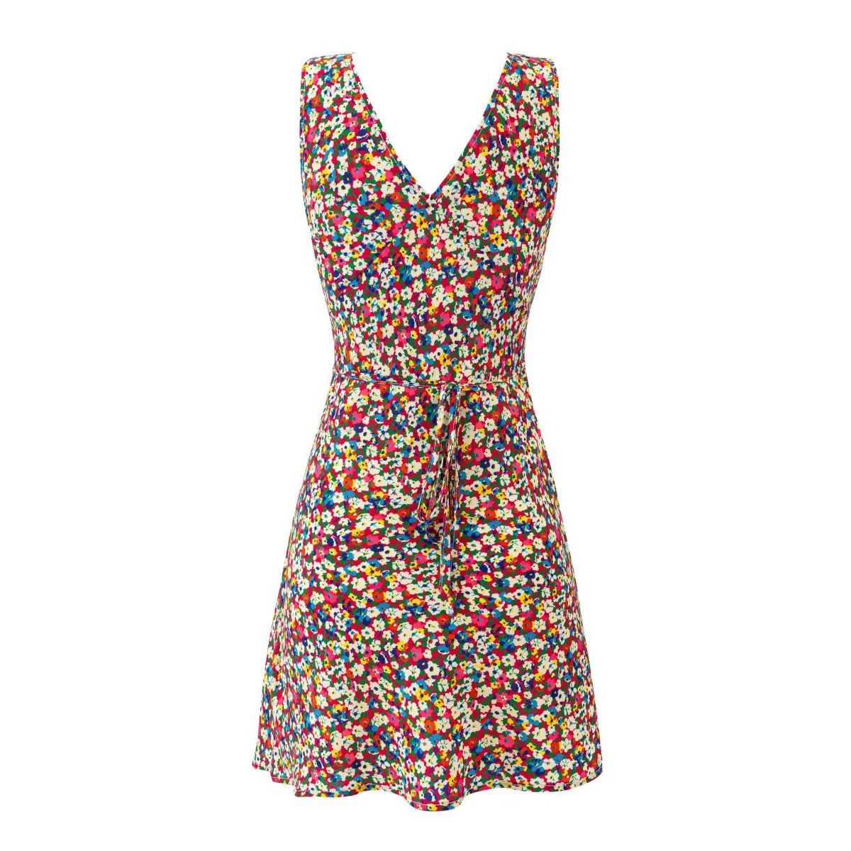 Back view of a sleeveless V-neck floral print dress with a waist tie.