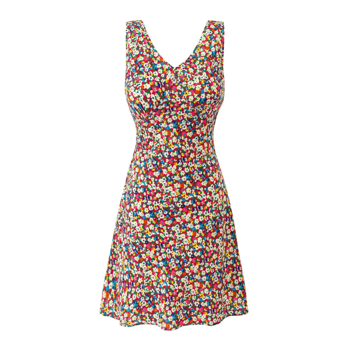 Front view of a sleeveless V-neck colorful floral print mini dress.