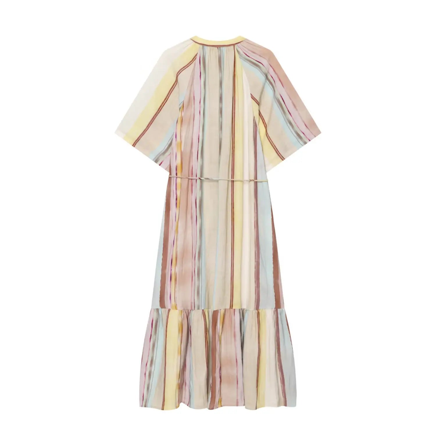 Back flat lay of women colorful vertical stripe midi dress with waist tie and ruffle hem