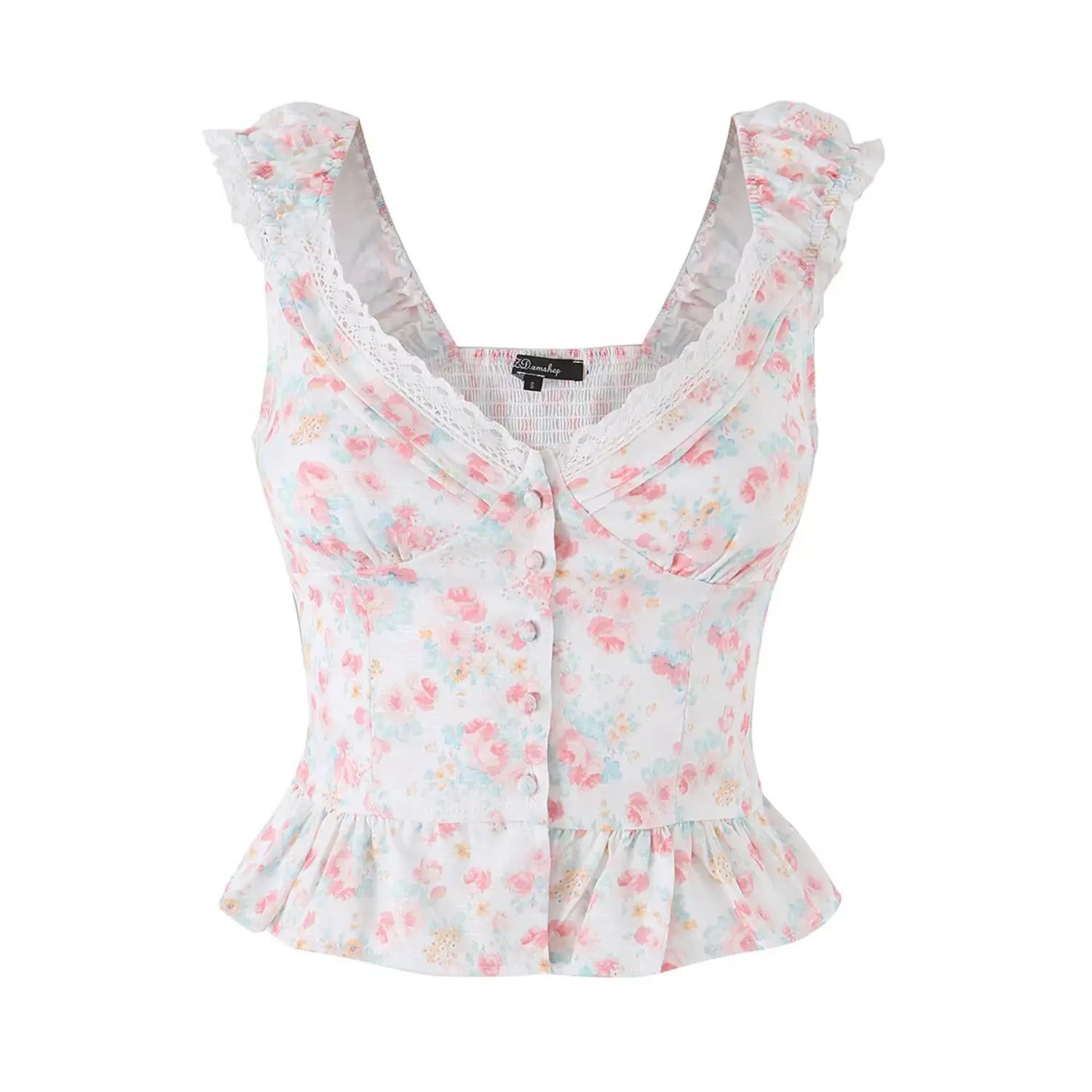 Back waist partial close-up dense multi-color elastic smocked shirring full back panel, flowy gathered peplum ruffle hem, lightweight sheer soft woven pastel floral fabric