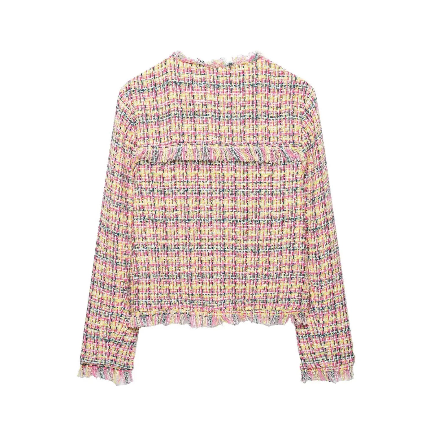 Back view pink yellow mixed fringe tweed short jacket for women