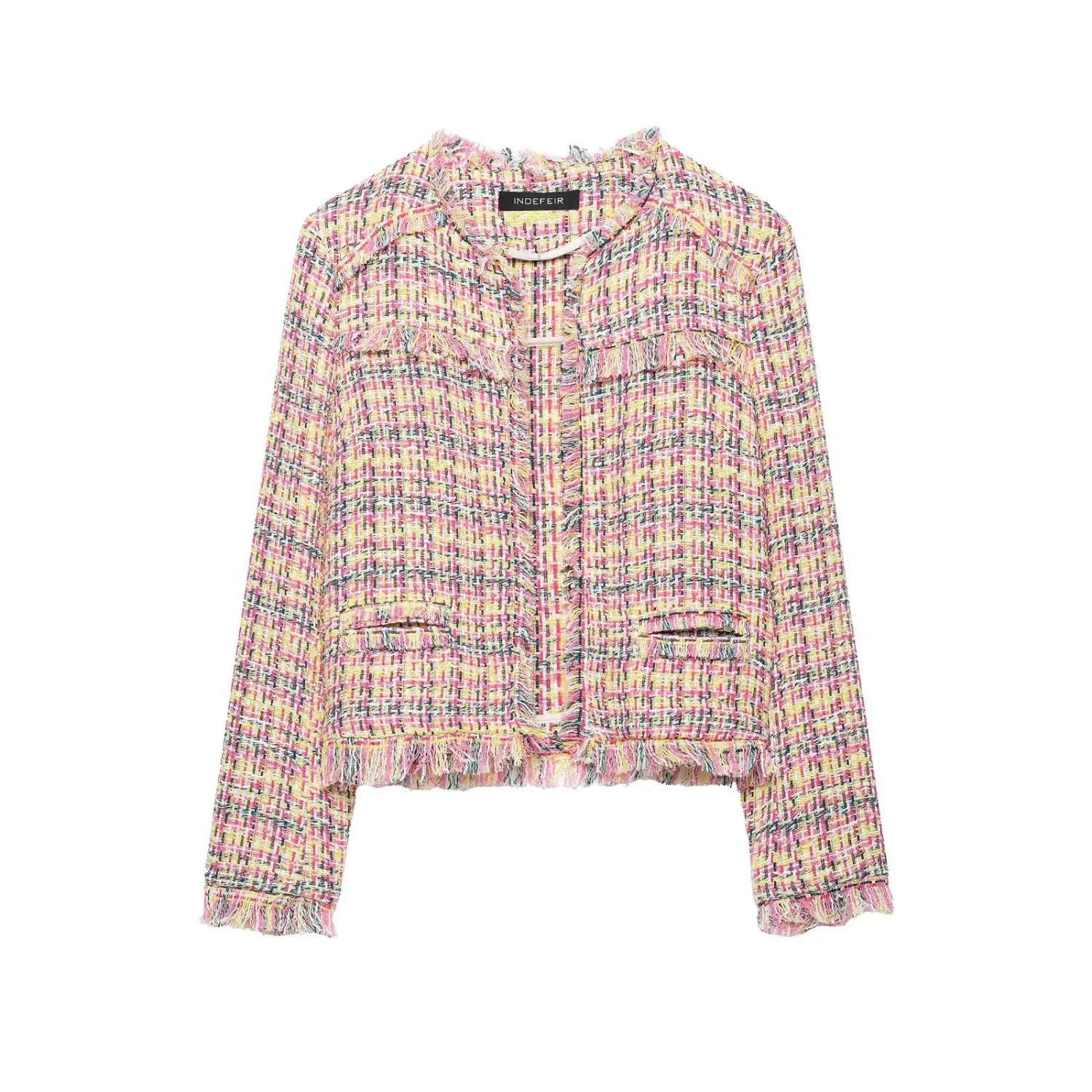 Pink yellow multicolor frayed tweed cropped jacket front view, round neck open blazer