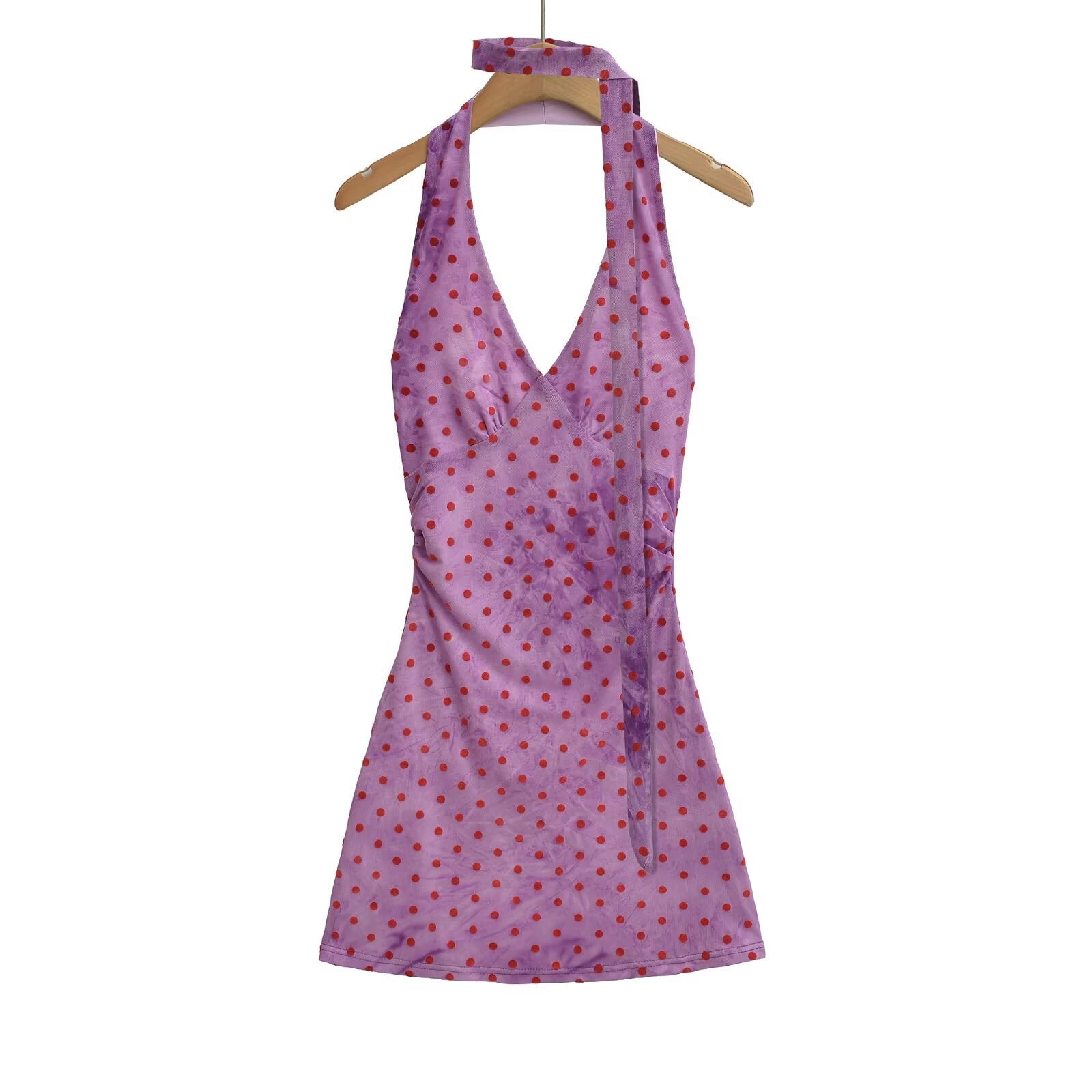 Close-up of dingdingding women's polka dot halter neck mini dress with ruched waist and sheer mesh fabric in three color options.