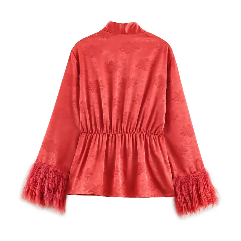 Back flat lay coral red jacquard open front jacket, mandarin stand collar, back elastic shirred waist, full matching jacquard lining, loose casual outerwear