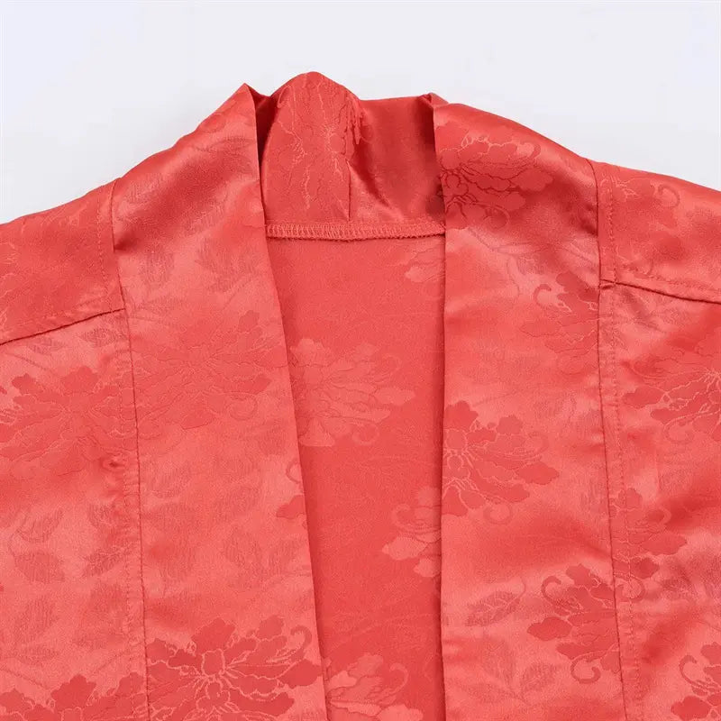 Closeup open front lapel wrap collar, glossy peony jacquard satin texture, neat inner lining seam stitching