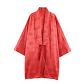 Front flat lay coral red jacquard kimono long coat, open front lapel collar, wide three-quarter kimono sleeves, mid-length loose oversized new chinese outerwear, allover peony embossed satin fabric